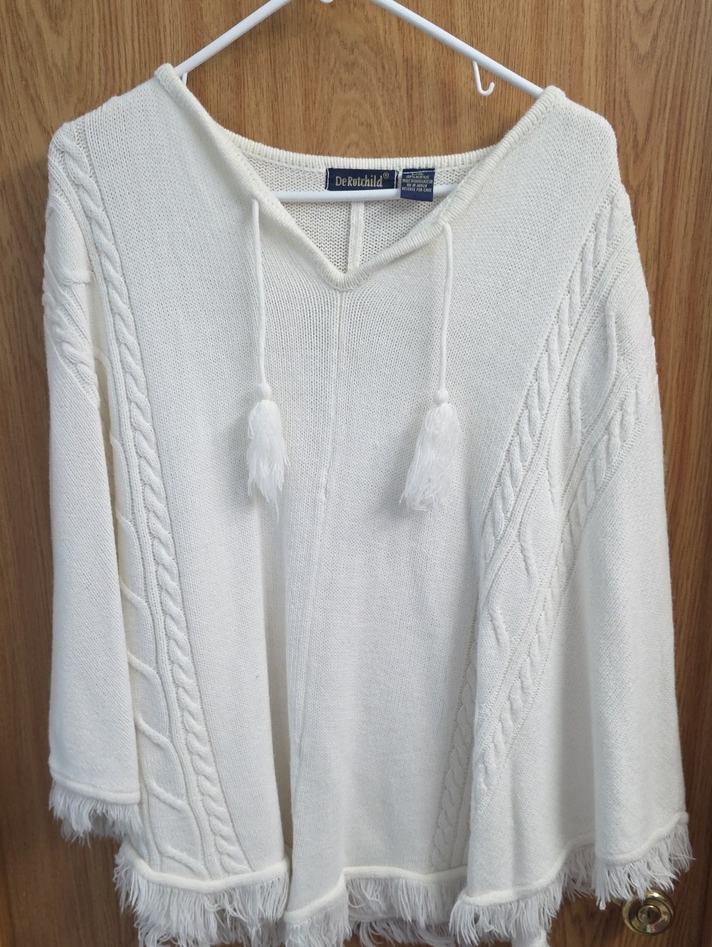Ivory Knit Poncho with Tassel Drawstrings
